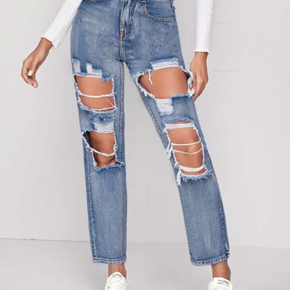 Shein High Waisted Distressed Slant Pocket Baggy Jeans - Picture 2 of 12
